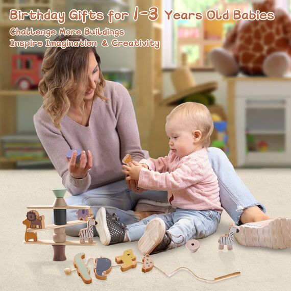 Smartwo Montessori Fädelspiel aus Holz, Holzspielzeug für Stapelspiel, Motorikspielzeug für Kleinkinder, Bauklötze in Tiere-Form, Geburtstaggeschenk für Mädchen Jungen 3 4 Jahre