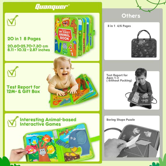 Quanquer Animals Busy Board Spielzeug ab 1 2 3 Jahre - Montessori Busy Book für Frühe Bildung Auto & Flugzeug Fahrten - Geburtstag Feiertag Ostern Kindertag Geschenke für Kleinkinder mit Geschenkbox