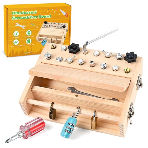 Wooderma Montessori Spielzeug für 3 4 5 Jahre, Montessori Schraubendreher Brett, Holzspielzeug Montessori Busy Board, Montessori Activity Board & Motorikspielzeug & Lernspielzeug für Babys Kleinkinder
