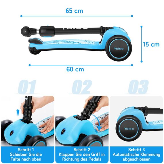 YOLEO Kinder Roller Kinderscooter Dreiradscooter mit PU Räder, Reaktionsschnelle Bremsen, 4 Höhenverstellbare, Faltbarem Lenker, bis 50kg Belastbar, für Kinder Mädchen Jungen ab 3 Jahre(Blau)