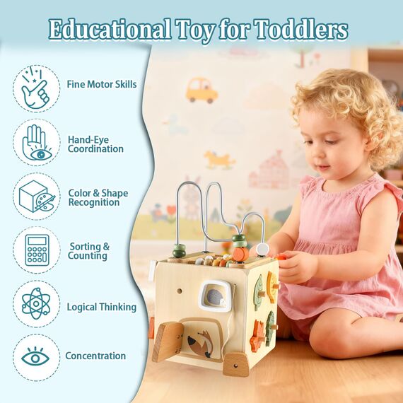 Smartwo Motorikwürfel Montessori Spielzeug ab 1 Jahr, Holzspielzeug Baby ab 18 Monate, 6 in 1 Activity Würfel mit Motorikschleife, Holz Motorikspielzeug 1-2 Jahre, Geschenk für Kleinkinder