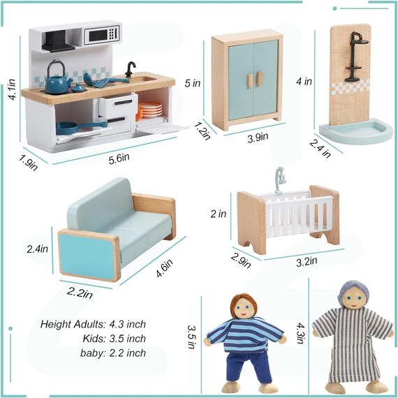 Giant bean Puppenhaus Möbel Holz Set, 36 Teilige Möbel mit 4 Familienpuppen, Puppen Zubehör Spielzeug für Jungen, Mädchen und Kleinkinder 3+ Jahren