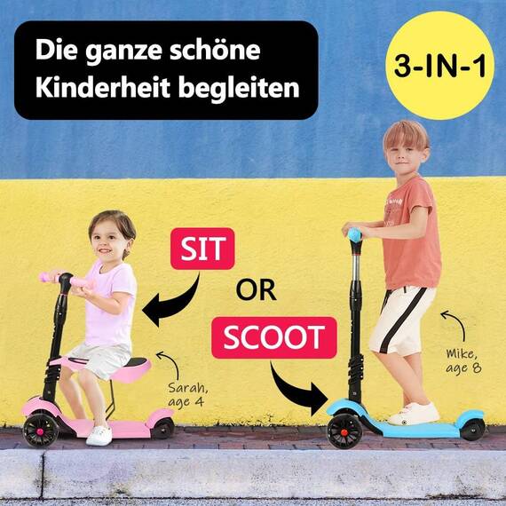 YOLEO 3-in-1 Kinder Roller Scooter mit Abnehmbarem Sitz, PU Räder, Höheverstellbare Lenker für Kleinkinder Jungen Mädchen ab 2 Jahre(Rosa)