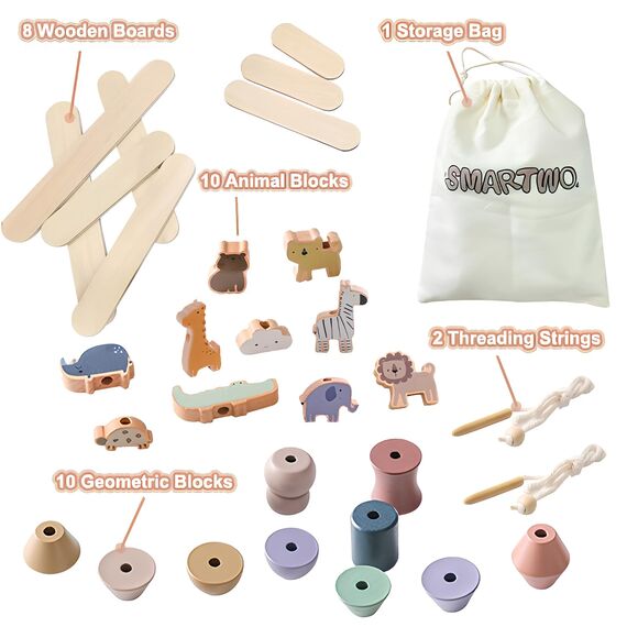 Smartwo Montessori Fädelspiel aus Holz, Holzspielzeug für Stapelspiel, Motorikspielzeug für Kleinkinder, Bauklötze in Tiere-Form, Geburtstaggeschenk für Mädchen Jungen 3 4 Jahre