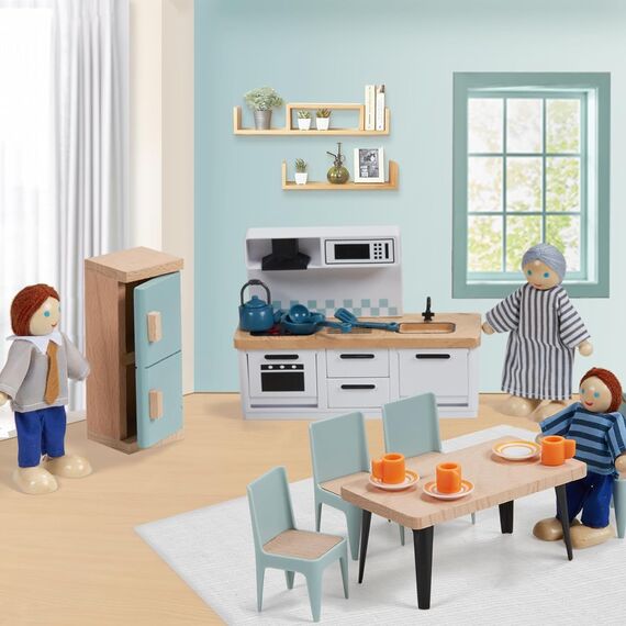 Giant bean Puppenhaus Möbel Holz Set, 36 Teilige Möbel mit 4 Familienpuppen, Puppen Zubehör Spielzeug für Jungen, Mädchen und Kleinkinder 3+ Jahren