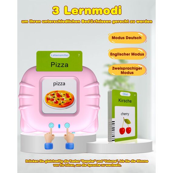 Sprechende Flash-Karten, Standard Deutsch-255 Blätter 510 Wörter, Sprechende Flash Karten Lernspielzeug für Kleinkinder 2-4 Jahre Alt, Interaktive Spielzeug für Jungen Mädchen Rosa