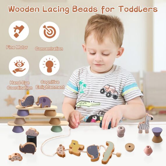 Smartwo Montessori Fädelspiel aus Holz, Holzspielzeug für Stapelspiel, Motorikspielzeug für Kleinkinder, Bauklötze in Tiere-Form, Geburtstaggeschenk für Mädchen Jungen 3 4 Jahre