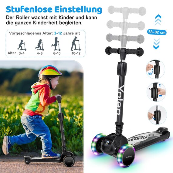 YOLEO Kinderoller Kinderscooter Dreiradscooter mit PU Räder, Reaktionsschnelle Bremsen, 4 Höhenverstellbare, Faltbar Lenker, 50kg Belastbar, für Kleinkinder Jungen Mädchen, ab 3 Jahre (Schwarz)