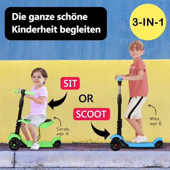 Yoleo 3-in-1 Kinderscooter Kinder Roller mit Abnehmbarem Sitz, PU Räder, Höheverstellbare Lenker für Kleinkinder Jungen Mädchen ab 2 Jahre (Grün)