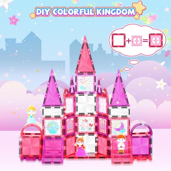 W Wise Block Magnetische Bausteine 101PCS mit Autos, Prinzessin Magnetische Bauklötze, STEM Konstruktionsspielzeug für 3 4 5 6 7 8 Jahre Junge Mädch, Rosa
