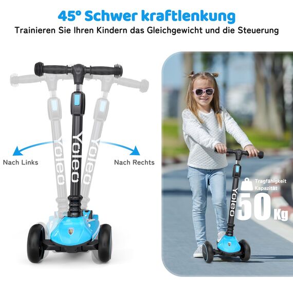 YOLEO Kinder Roller Kinderscooter Dreiradscooter mit PU Räder, Reaktionsschnelle Bremsen, 4 Höhenverstellbare, Faltbarem Lenker, bis 50kg Belastbar, für Kinder Mädchen Jungen ab 3 Jahre(Blau)