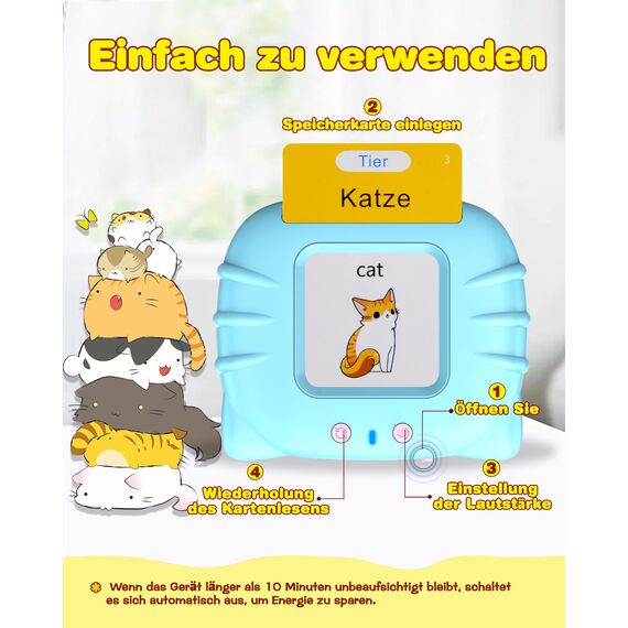 Sprechende Flash-Karten, Standard Deutsch-255 Blätter 510 Wörter, Sprechende Flash Karten Lernspielzeug für Kleinkinder 2-4 Jahre Alt, Interaktive Spielzeug für Jungen Mädchen Blau