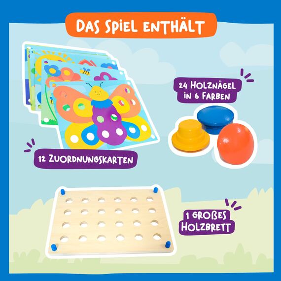 Nene Toys Holz-Steckspiel für Kleinkinder ab 2 Jahren – Mosaik-Steckspiel für Kinder 2–3 Jahre – Montessori Spielzeug mit Holzsteckern & Zuordnungskarten – Lernspiel für Jungen & Mädchen
