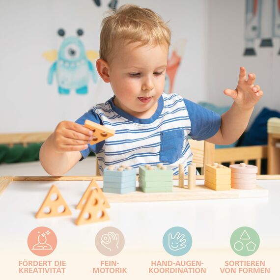 Sweety Fox Montessori Spielzeug ab 1 Jahr - Holz Sortier & Stapelspielzeug, 1 2 3 Jahre -Aktivitäts & Entwicklungsspielzeug aus Holz in Pastellfarben – Montessori - Lernspielzeug für Kleinkinder