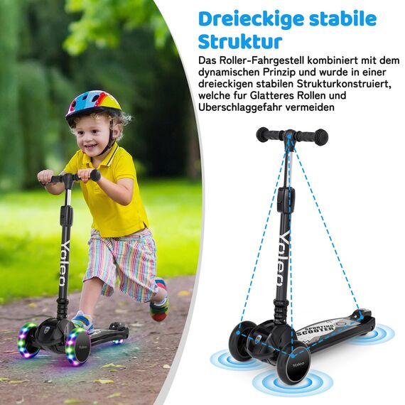 YOLEO Kinderoller Kinderscooter Dreiradscooter mit PU Räder, Reaktionsschnelle Bremsen, 4 Höhenverstellbare, Faltbar Lenker, 50kg Belastbar, für Kleinkinder Jungen Mädchen, ab 3 Jahre (Schwarz)