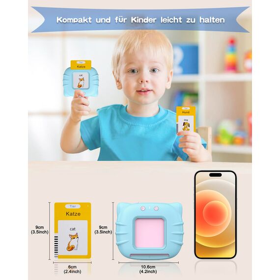 Sprechende Flash-Karten, Standard Deutsch-255 Blätter 510 Wörter, Sprechende Flash Karten Lernspielzeug für Kleinkinder 2-4 Jahre Alt, Interaktive Spielzeug für Jungen Mädchen Blau