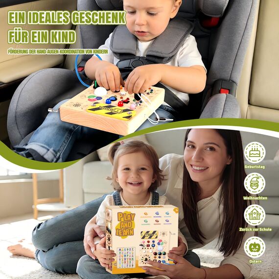 Hoarosall Montessori Busy Board Activity Board Holz Spielzeug ab 1 Jahr mit 12 Schaltern & 24 LED-Leuchten Sensory Learning Spielzeug mit Musikwerk & Farbmischfunktion für Jungen Mädchen 1-3 Jahre
