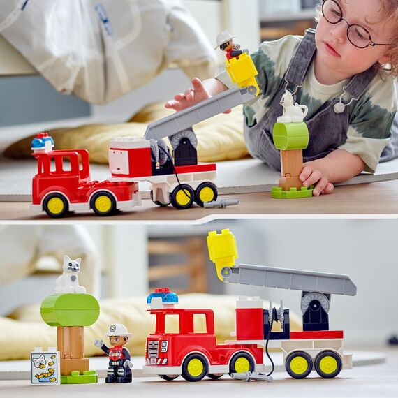 LEGO DUPLO Feuerwehrauto - Minifiguren für Vorschulkinder ab 2 Jahren - Montessori Spielzeug für Kleinkinder mit LKW, Feuerwehrmann, Katze und Baum - Kinder Geschenk für Mädchen und Jungen 10969