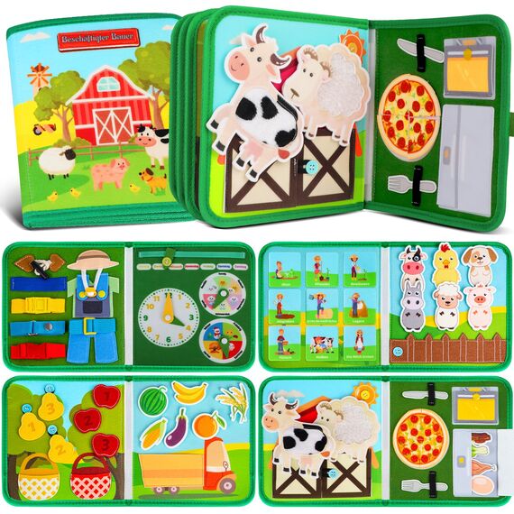 Quanquer Montessori Busy Board Deutsche Spielzeug ab 1 2 3 4 Jahre - Bauernhof Book für Frühe Bildung Auto & Flugzeug Fahrten - Geburtstag Feiertag Ostern Kindertag Geschenke für Kleinkinder