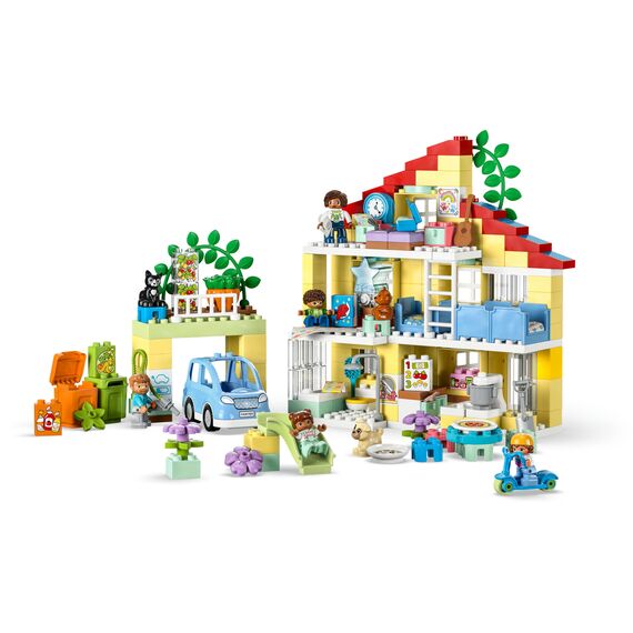 LEGO 10994 DUPLO 3-in-1-Familienhaus, Puppenhaus aus Bausteinen mit Push&Go Auto, 5 Figuren, 2 Tieren und Spielzeug-Lampe, Spielhaus Geschenk für Kleinkinder, Mädchen und Jungen ab 3 Jahren