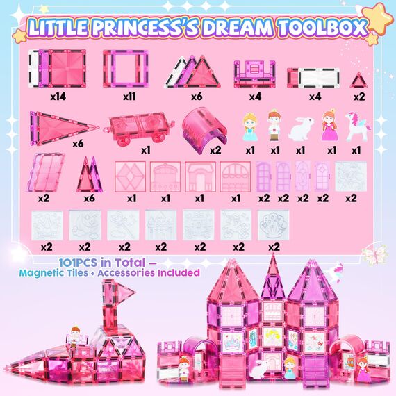 W Wise Block Magnetische Bausteine 101PCS mit Autos, Prinzessin Magnetische Bauklötze, STEM Konstruktionsspielzeug für 3 4 5 6 7 8 Jahre Junge Mädch, Rosa