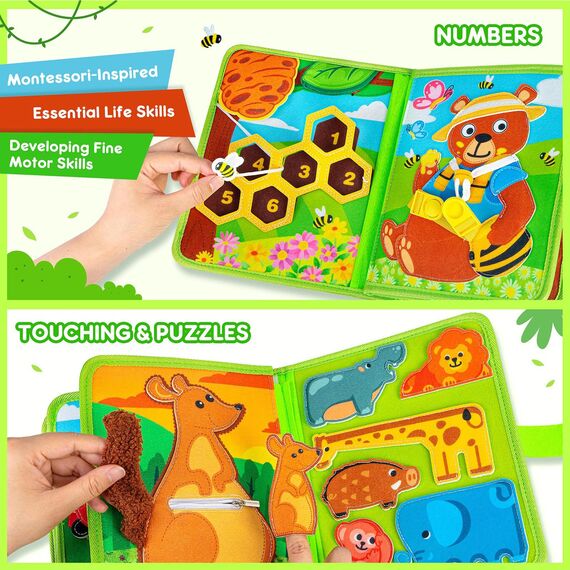 Quanquer Animals Busy Board Spielzeug ab 1 2 3 Jahre - Montessori Busy Book für Frühe Bildung Auto & Flugzeug Fahrten - Geburtstag Feiertag Ostern Kindertag Geschenke für Kleinkinder mit Geschenkbox
