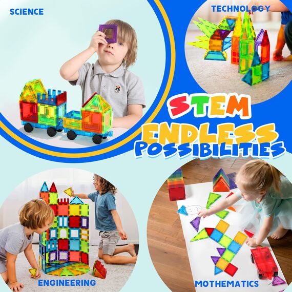 W Wise Block Magnetische Bauklötze Spielzeug 131 Stück mit 2 Autos, STEM Magnetische Bausteinspielzeug für Kleinkinder Kinder Junge Mädch 3 4 5 6 7 8 Jahre