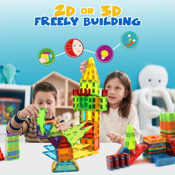 W Wise Block Magnetische Bauklötze Spielzeug 131 Stück mit 2 Autos, STEM Magnetische Bausteinspielzeug für Kleinkinder Kinder Junge Mädch 3 4 5 6 7 8 Jahre
