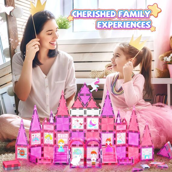 W Wise Block Magnetische Bausteine 101PCS mit Autos, Prinzessin Magnetische Bauklötze, STEM Konstruktionsspielzeug für 3 4 5 6 7 8 Jahre Junge Mädch, Rosa