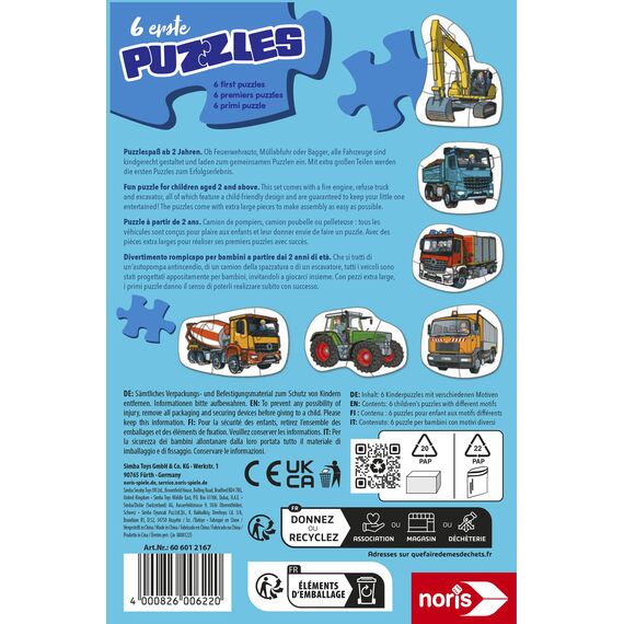 Noris 6 erste Puzzles Fahrzeuge – Kinderpuzzle ab 2 Jahren mit Traktor Auto Bagger – 6 robuste Puzzles mit 2–5 Teilen – Spielzeug für Kleinkinder Jungen Mädchen – geeignet für Puzzle-Einstieg Lernen
