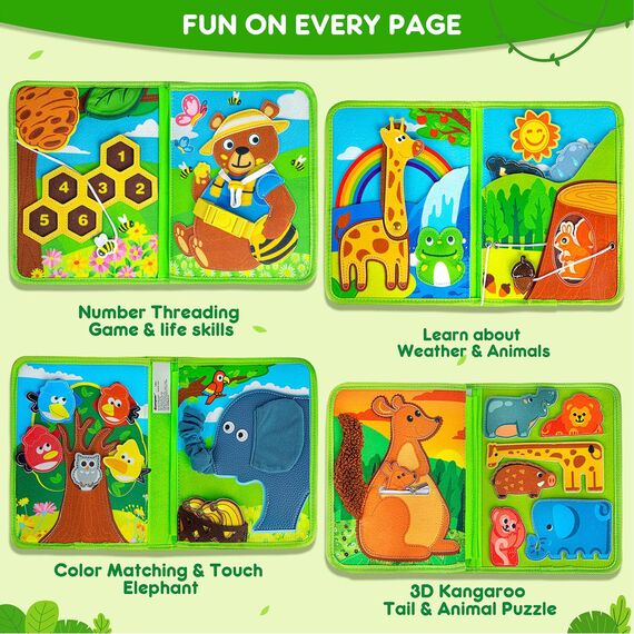 Quanquer Animals Busy Board Spielzeug ab 1 2 3 Jahre - Montessori Busy Book für Frühe Bildung Auto & Flugzeug Fahrten - Geburtstag Feiertag Ostern Kindertag Geschenke für Kleinkinder mit Geschenkbox