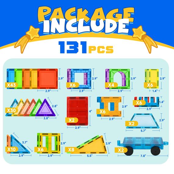 W Wise Block Magnetische Bauklötze Spielzeug 131 Stück mit 2 Autos, STEM Magnetische Bausteinspielzeug für Kleinkinder Kinder Junge Mädch 3 4 5 6 7 8 Jahre