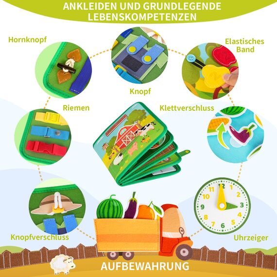 Quanquer Montessori Busy Board Deutsche Spielzeug ab 1 2 3 4 Jahre - Bauernhof Book für Frühe Bildung Auto & Flugzeug Fahrten - Geburtstag Feiertag Ostern Kindertag Geschenke für Kleinkinder