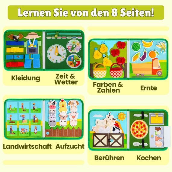 Quanquer Montessori Busy Board Deutsche Spielzeug ab 1 2 3 4 Jahre - Bauernhof Book für Frühe Bildung Auto & Flugzeug Fahrten - Geburtstag Feiertag Ostern Kindertag Geschenke für Kleinkinder