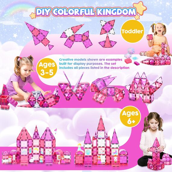 W Wise Block Magnetische Bausteine 101PCS mit Autos, Prinzessin Magnetische Bauklötze, STEM Konstruktionsspielzeug für 3 4 5 6 7 8 Jahre Junge Mädch, Rosa
