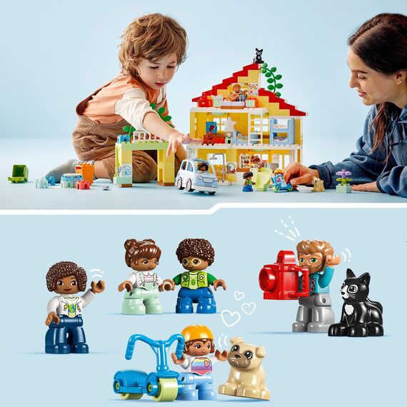LEGO 10994 DUPLO 3-in-1-Familienhaus, Puppenhaus aus Bausteinen mit Push&Go Auto, 5 Figuren, 2 Tieren und Spielzeug-Lampe, Spielhaus Geschenk für Kleinkinder, Mädchen und Jungen ab 3 Jahren
