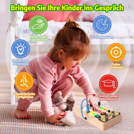 Hoarosall Montessori Busy Board Spielzeug mit LED Lichtschalter Activity Board Holzspielzeug ab 1 Jahr Motorikspielzeug Sensorik Spielzeug Lernspielzeug für Babys und Kleinkinder ab 1 2 3 Jahre
