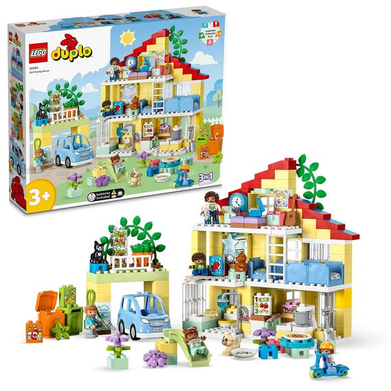 LEGO 10994 DUPLO 3-in-1-Familienhaus, Puppenhaus aus Bausteinen mit Push&Go Auto & 10987 DUPLO Recycling-LKW Müllwagen-Spielzeug, Lern- und Farbsortier-Spielzeug