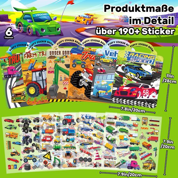 Elfew 6 Stück Fahrzeuge 3D Wiederverwendbare Stickerbuch für Kinder Junge 2-4 Jährige, über 300+ Aufkleber, Puffy Stickerbuch ab 4 Jahren, PVC Material, Kleinkinder Geburtstag Party Zubehör