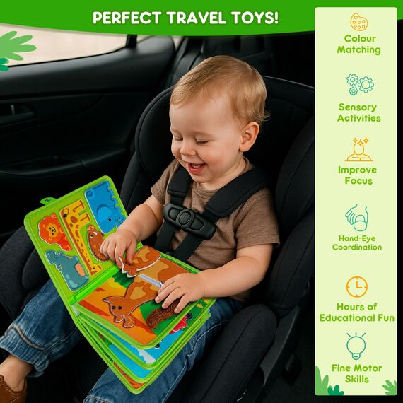 Quanquer Animals Busy Board Spielzeug ab 1 2 3 Jahre - Montessori Busy Book für Frühe Bildung Auto & Flugzeug Fahrten - Geburtstag Feiertag Ostern Kindertag Geschenke für Kleinkinder mit Geschenkbox