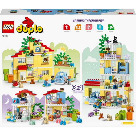 LEGO 10994 DUPLO 3-in-1-Familienhaus, Puppenhaus aus Bausteinen mit Push&Go Auto, 5 Figuren, 2 Tieren und Spielzeug-Lampe, Spielhaus Geschenk für Kleinkinder, Mädchen und Jungen ab 3 Jahren