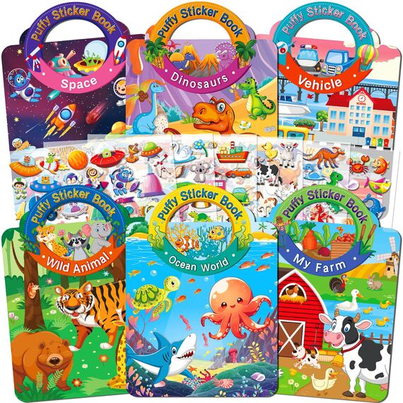 Elfew 6 Stück 3D Wiederverwendbare Stickerbücher für Kinder 2-4 Jährige, Aufkleber für Kinder, Stickerbuch ab 2 Jahre Jungen, Mädchen Geschenk, Kleinkinder Geburtstag Party Zubehör
