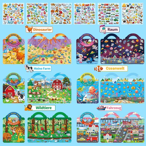 Elfew 6 Stück 3D Wiederverwendbare Stickerbücher für Kinder 2-4 Jährige, Aufkleber für Kinder, Stickerbuch ab 2 Jahre Jungen, Mädchen Geschenk, Kleinkinder Geburtstag Party Zubehör