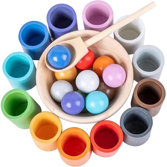 WOODENFUN Regenbogen Bälle in Tassen, Montessori Spielzeug für Kleinkinder, für 1 2 3Jahr, Vorschule, Holzspiele zum Lernen, Farbsortieren und Zählen (12-Farben)
