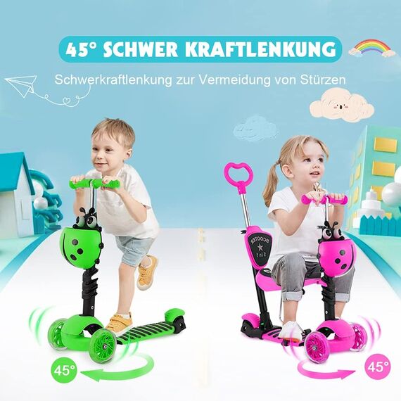 YOLEO 5-in-1 Kinder Roller Scooter mit Abnehmbarer Karikaturkorb Sitz Schubstange Große Räder Bequeme Rückenlehne Höheverstellbare Lenker für Kleinkinder Jungen Mädchen ab 2 Jahre (Rosa)