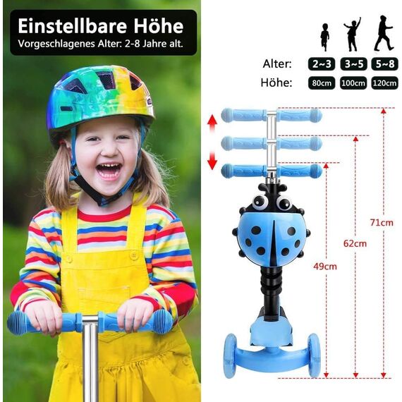 YOLEO 5-in-1 Kinder Roller Scooter mit Abnehmbarer Karikaturkorb Sitz Schubstange Große Räder Bequeme Rückenlehne Höheverstellbare Lenker für Kleinkinder Jungen Mädchen ab 2 Jahre (Blau)