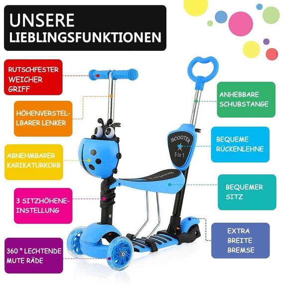 YOLEO 5-in-1 Kinder Roller Scooter mit Abnehmbarer Karikaturkorb Sitz Schubstange Große Räder Bequeme Rückenlehne Höheverstellbare Lenker für Kleinkinder Jungen Mädchen ab 2 Jahre (Blau)
