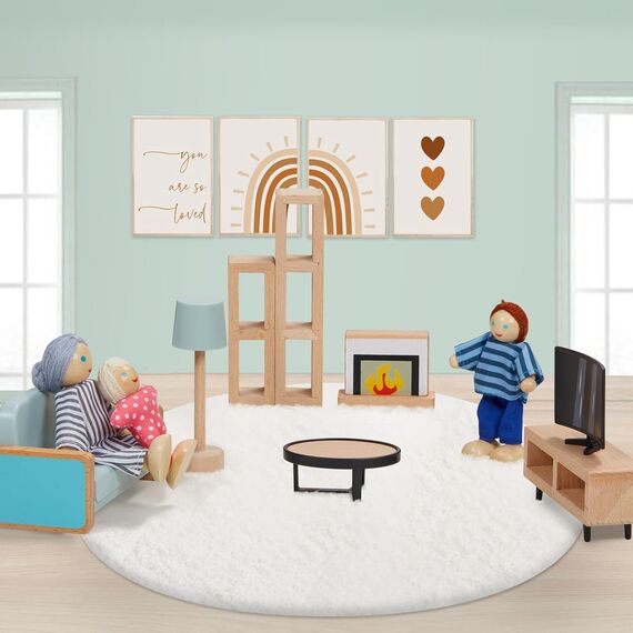 Giant bean Puppenhaus Möbel Holz Set, 36 Teilige Möbel mit 4 Familienpuppen, Puppen Zubehör Spielzeug für Jungen, Mädchen und Kleinkinder 3+ Jahren