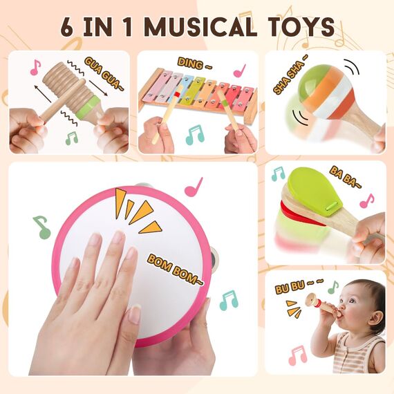 Musikinstrumente für Mädchen–Montessori-Holzspielzeuge für Kleinkinder 1-3 Jahre, Schlagzeug-Set mit Xylophon, Vorschulspielzeug ab 3 Jahren, Weihnachts- & Geburtstagsges. für 1-3-jährige Mädchen