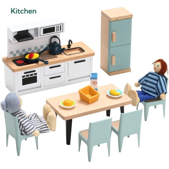 Giant bean Puppenhaus Möbel Holz Set, 36 Teilige Möbel mit 4 Familienpuppen, Puppen Zubehör Spielzeug für Jungen, Mädchen und Kleinkinder 3+ Jahren